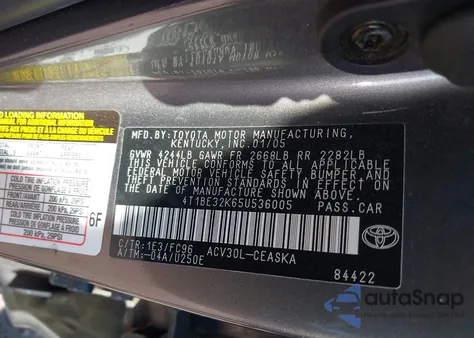 2005 Toyota Camry Se from USA, damaged, VIN 4T1BE32K65U536005